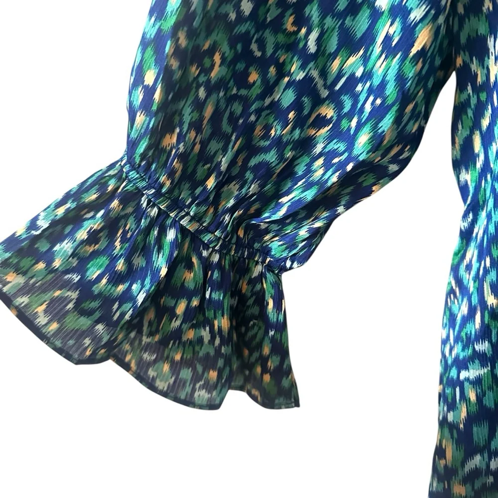 AnnieWear Los Angeles Boho Chiffon Blouse L Blue Green Ikat Ruffle Sleeve - Picture 10 of 10